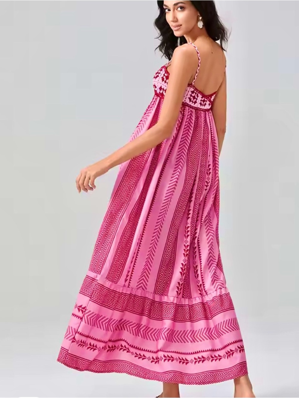 Women Sz L Boho Maxi Dress Crochet Patchwork Sleeveless Long Flowy Swing Dress - Picture 2 of 13